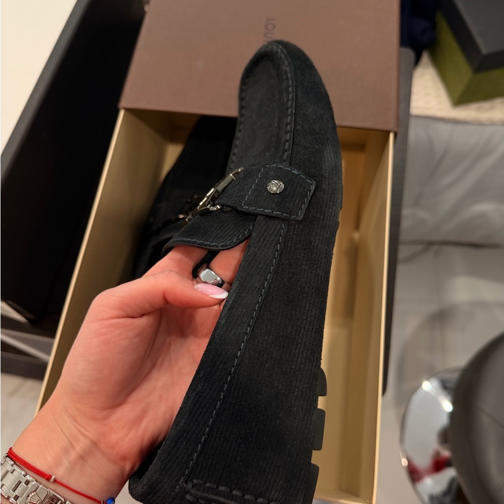 Louis Vuitton Black Corduroy Loafers with Metal LV Logo - Picture 3 of 5